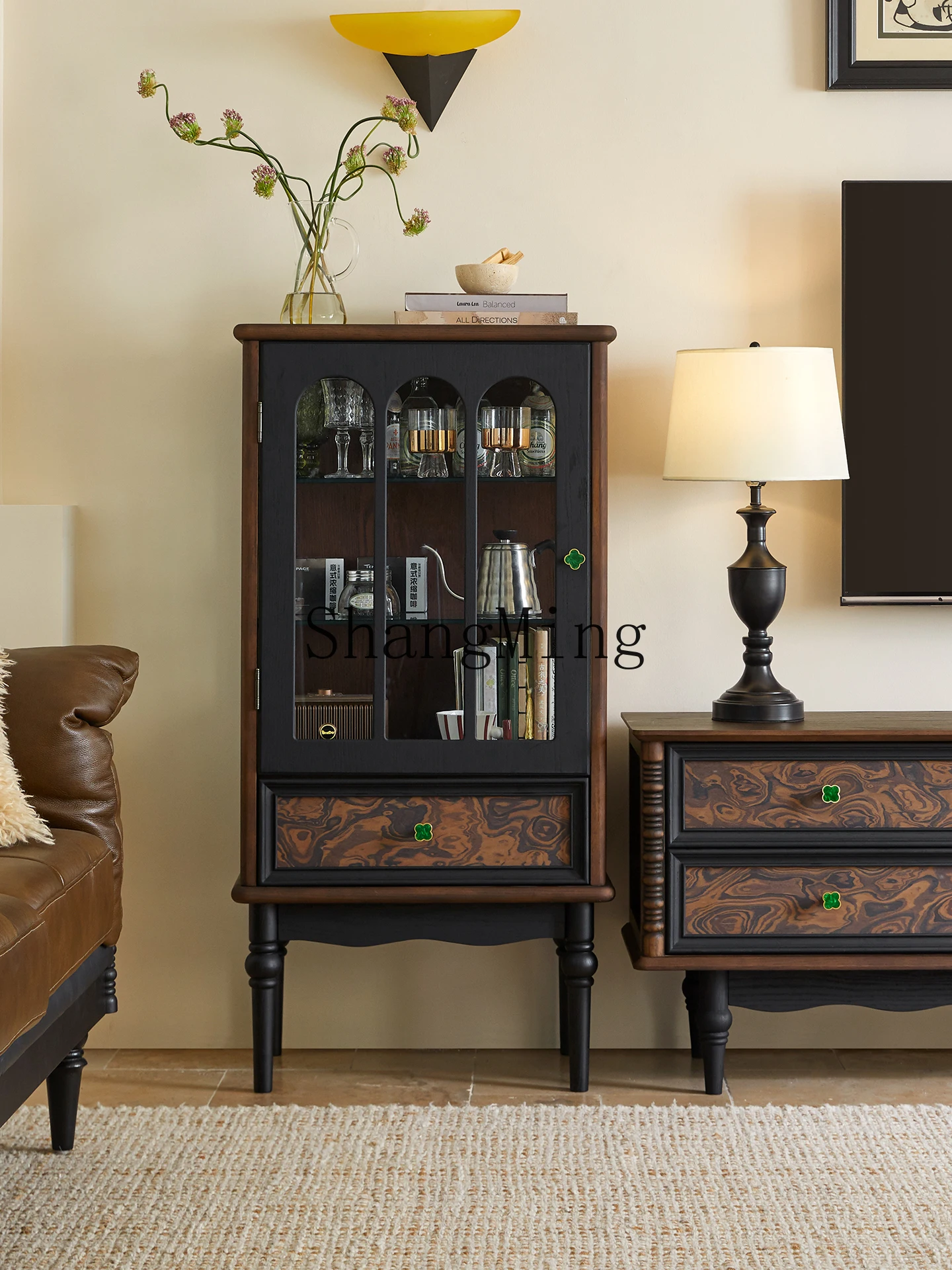 

CL Retro Solid Wood Wine Cabinet Living Room Home Wall-Mounted Glass Wine Display Storage Rack