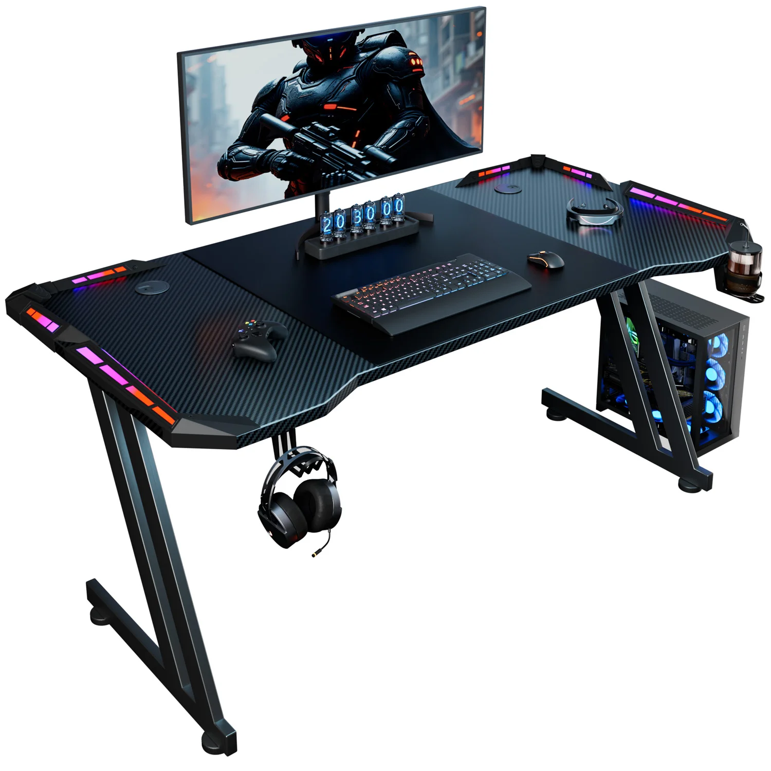 47/55/63inch Computer Desk, Gaming Desk with LED Lighting, Computer Gaming Desk with Carbon Fibre Top, Sturdy Office Desk with Headphone Hook & Cup Holder, Black