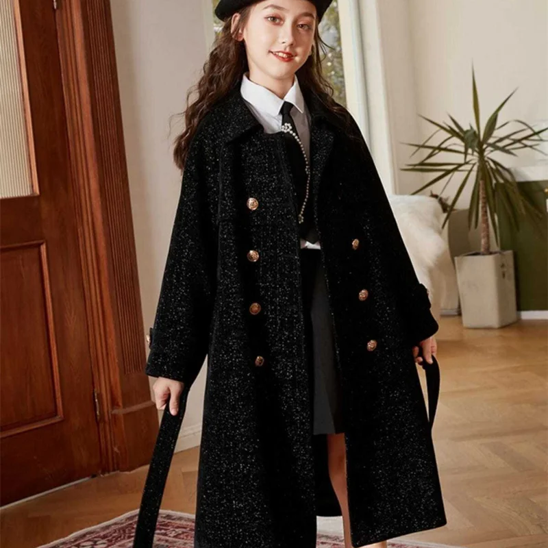 Girls Kids Woolen Coat Jacket Overcoat 2023 Black Warm Thicken Winter Cotton Plus  Size Children\'s Clothing