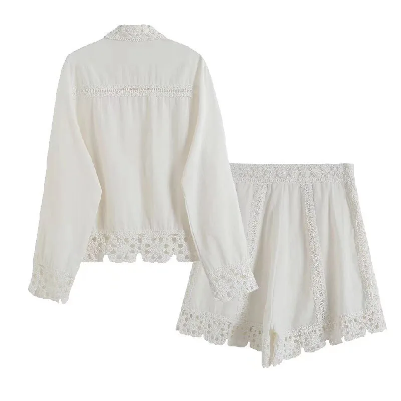 2024 new casual white versatile women\'s retro spring and summer fashion casual lace stitching shirt shorts