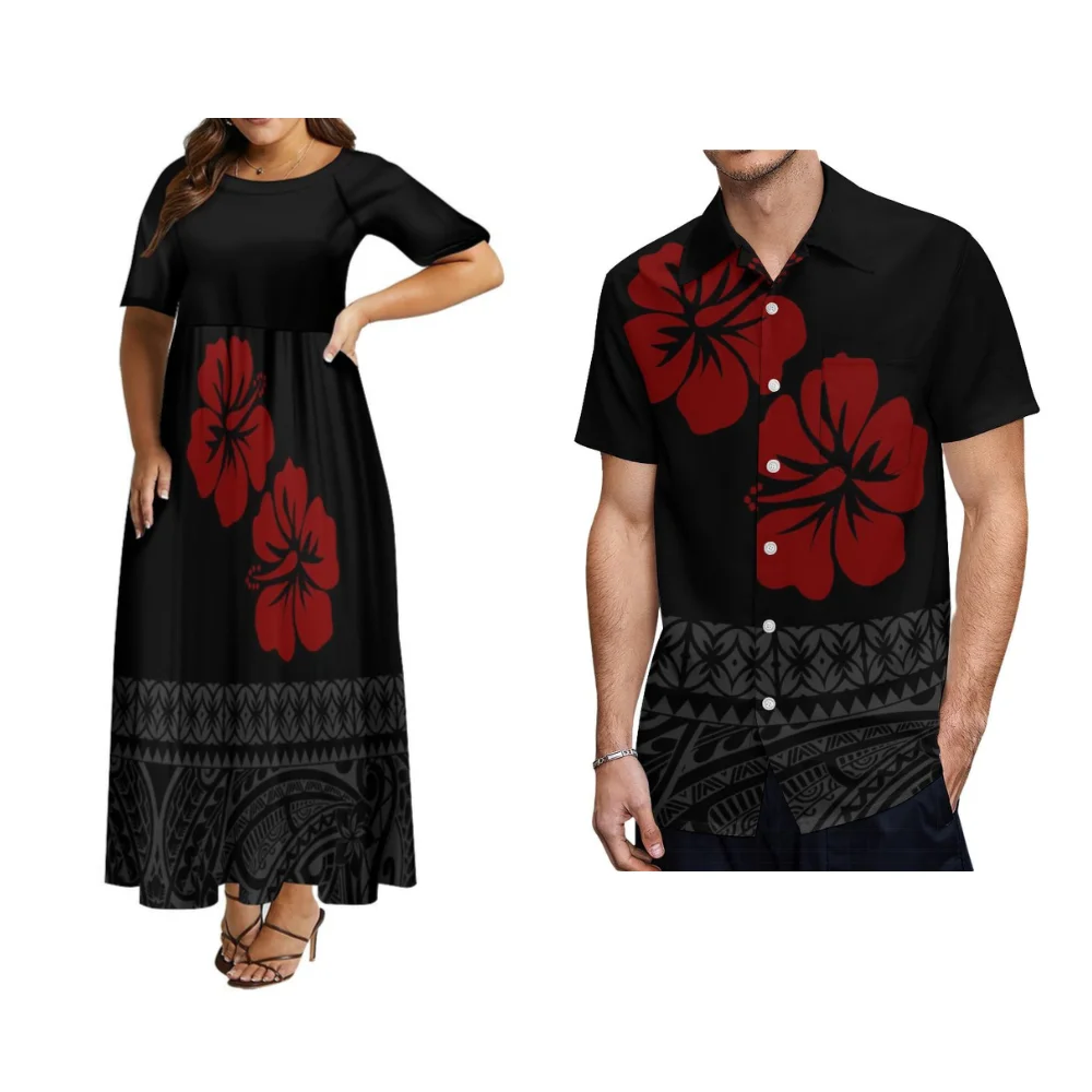 

Couple Dress Women'S Crew Neck Short Sleeve Dress Elegant Puffy Skirt Men'S Shirt Polynesian Pattern Floral Print 2024