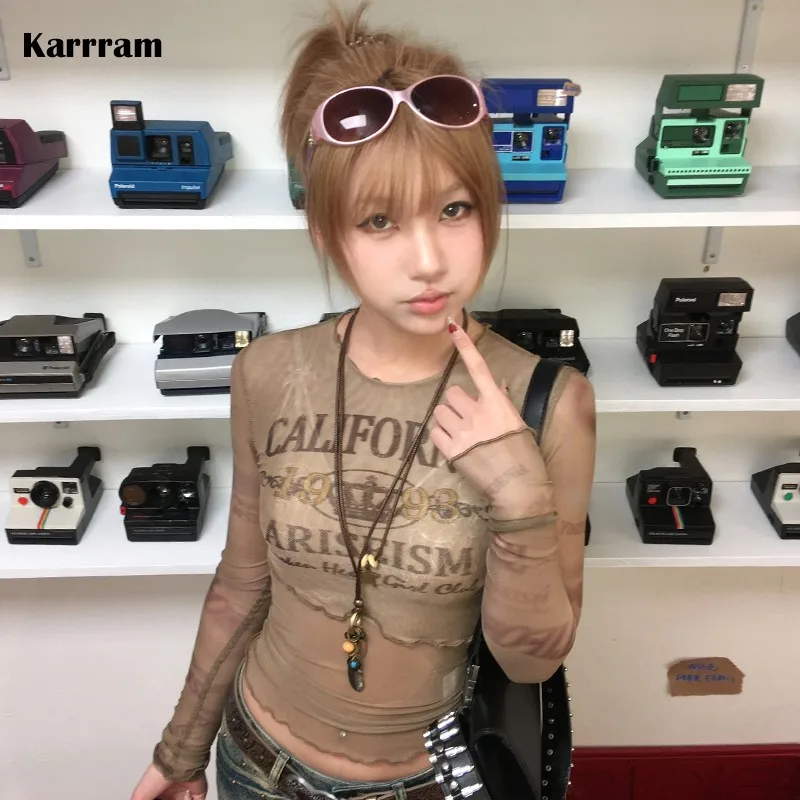 Karrram Japanese Y2k Mesh Tops Vintage Harajuku Letter Print Long Sleeve T-shirt 2000s Grunge Aesthetics Sheer Tops American 90s