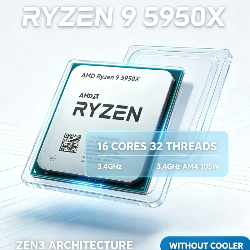 AMD Ryzen 9 5950X 16 Core 32 Thread Socket AM4 105W TDP Desktop Computer CPU Without Cooling Fan
