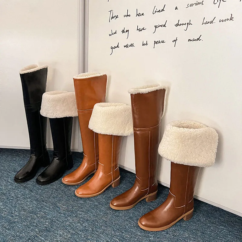 MKKHOU Fashion Over The Knee Boots Women\'s New High-Quality Genuine Leather Boots Wool Boots Winter Warm Snow Boots Long Boots