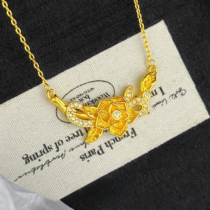 Fashion Rose Flower Zircon Necklace for Women 18 K Gold Color Chain for Women Bride Wedding Engagement Anniversary Jewelry Gifts