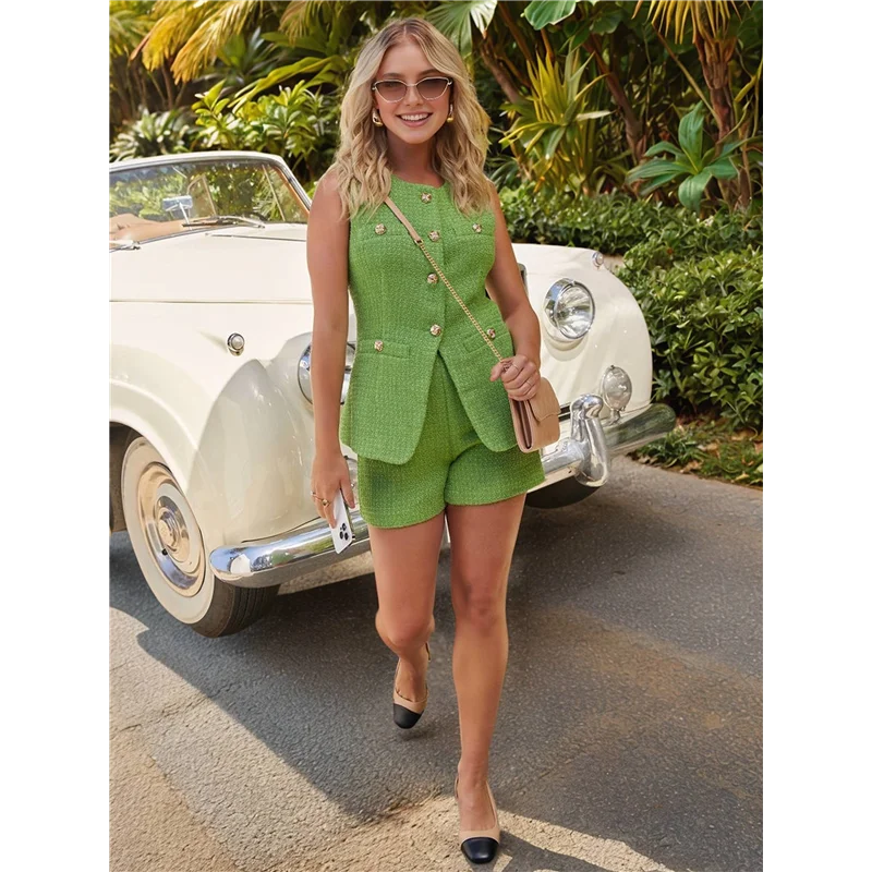 A83F-Conjunto de terno casual de duas peças feminino sem mangas botão colete shorts terno de negócios de escritório