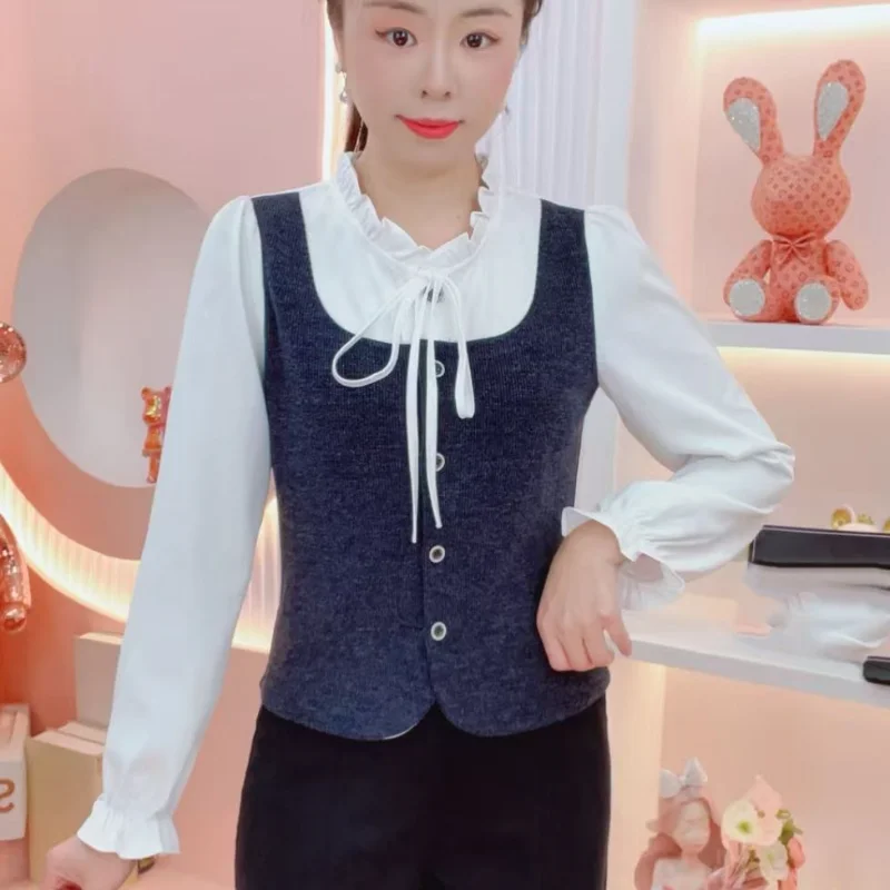 Camisa con pendiente de pajarita de dos piezas falsa de estilo coreano con estilo de otoño falso para mujer