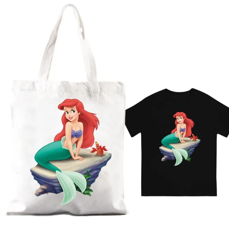 MINISO Little Mermaid Ariel Women Shoulder Bags Couple Combination Clothes Short Sleeve Collar Fashion T shirt  Man Cotton