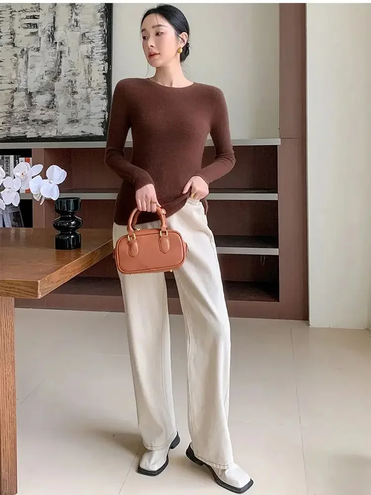 

Шикарный женский шерстяной тонкий пуловер с круглым вырезом, весенне-осенний однотонный свитер с длинными рукавами, простой трикотаж из 100% мериносовой шерсти, корейский топ