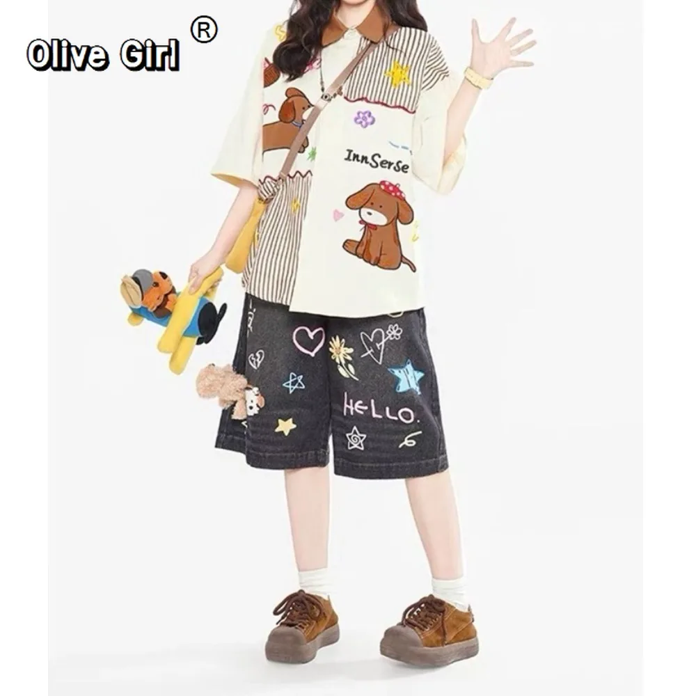 Olivegirl Women's Denim Shorts 2026 Summer Pant Retro Bear Doodle Five-Pocket Loose Trousers Wide Leg Mid-Length Pants Sweet