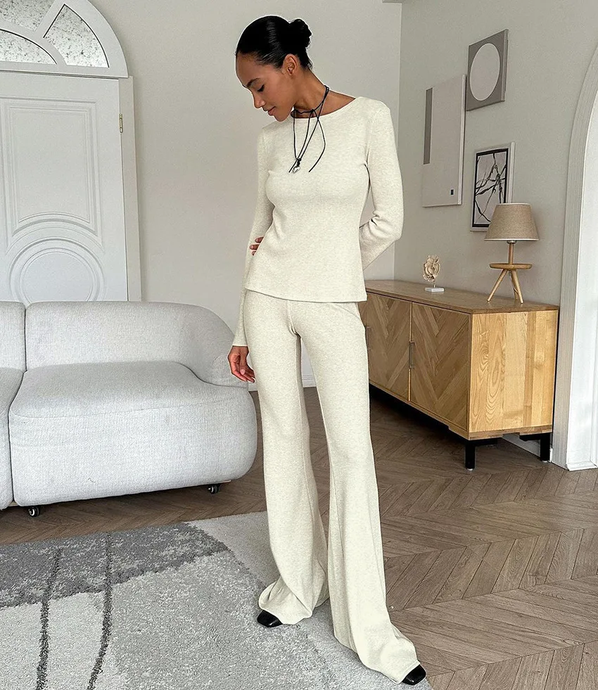 New Autumn Knit Flare Sleeve Long Sleeve T-shirts+Long Trouser Two Piece Set Round Neck Tight Tees And Pant Beige Women Pajamas