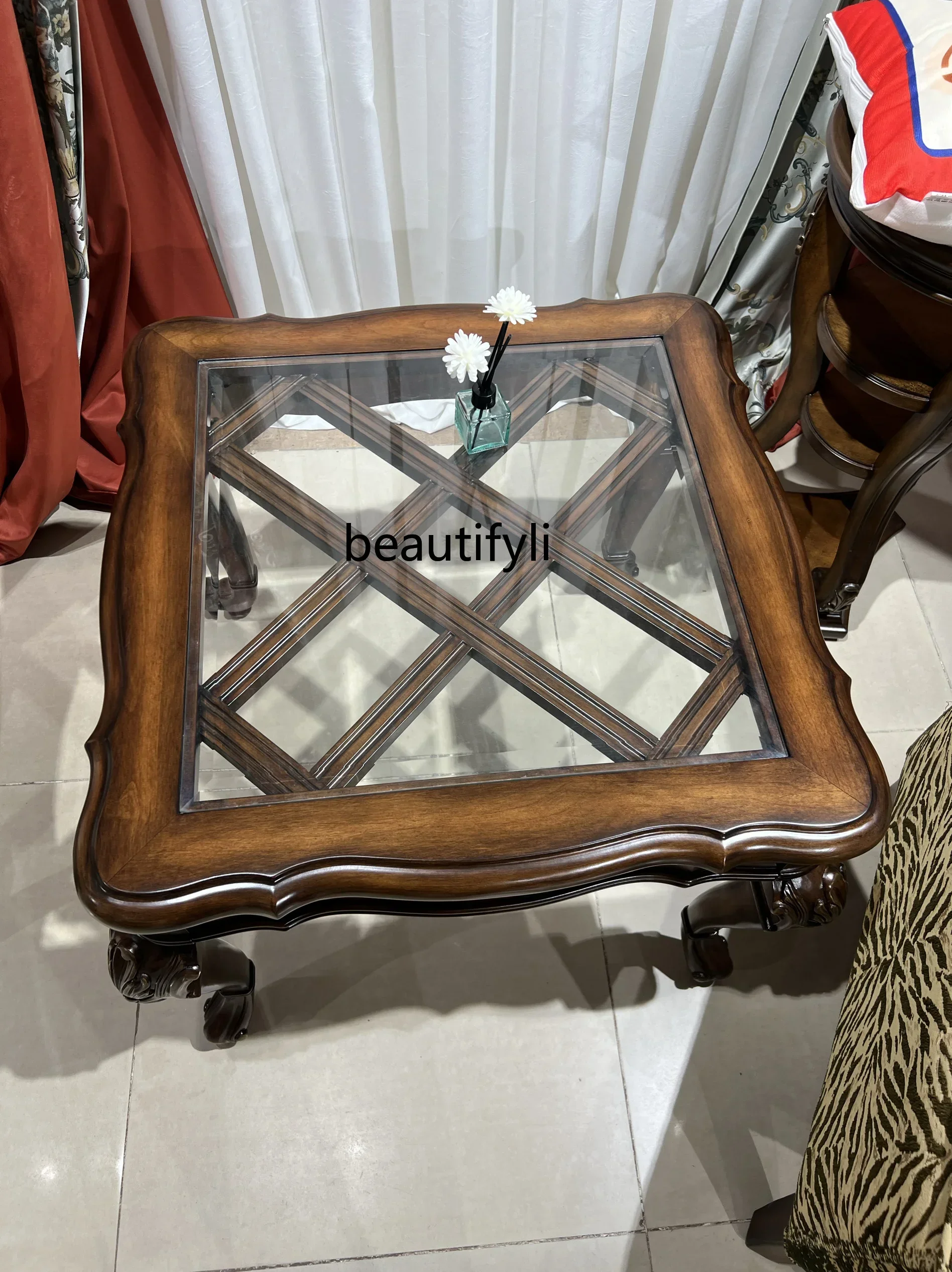 

54Furniture Solid wood corner few retro carved living room furniture Classical beautiful edge few glass surfaceSSS