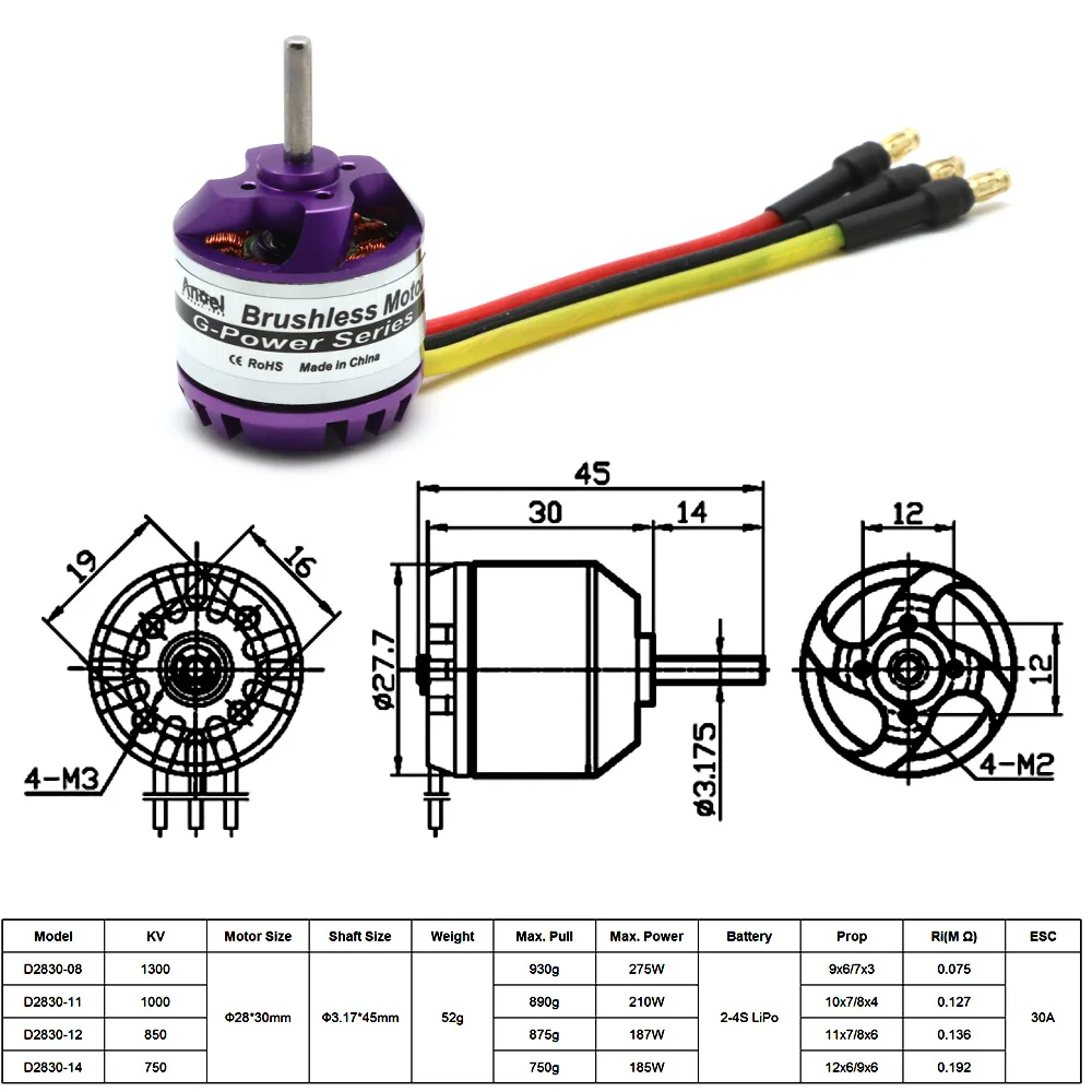 Motore brushless D2830 1300KV 1000KV 850KV 750KV per aereo elicottero drone multicopter Rc
