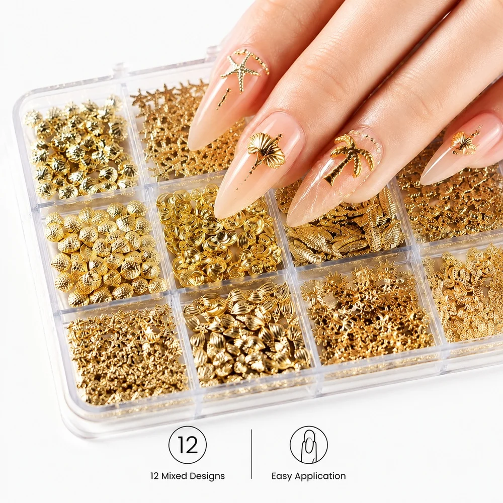 Mixed Ocean Series 12Grids 3D Gold Metal Nail Studs Shell Starfish Conch Palm Nail Charms Ornaments With Tweezers For Nail Art