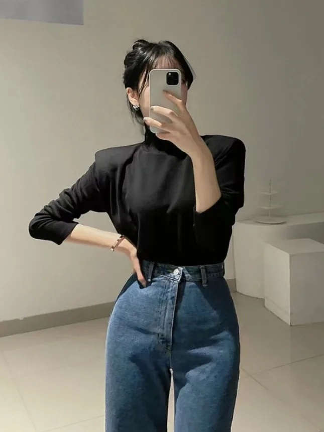 

Faionable oulder Pad High Collar Long Sve Women's T-irt Elastic Slimming Base Layer Top Korean Sle Breathable Skin...