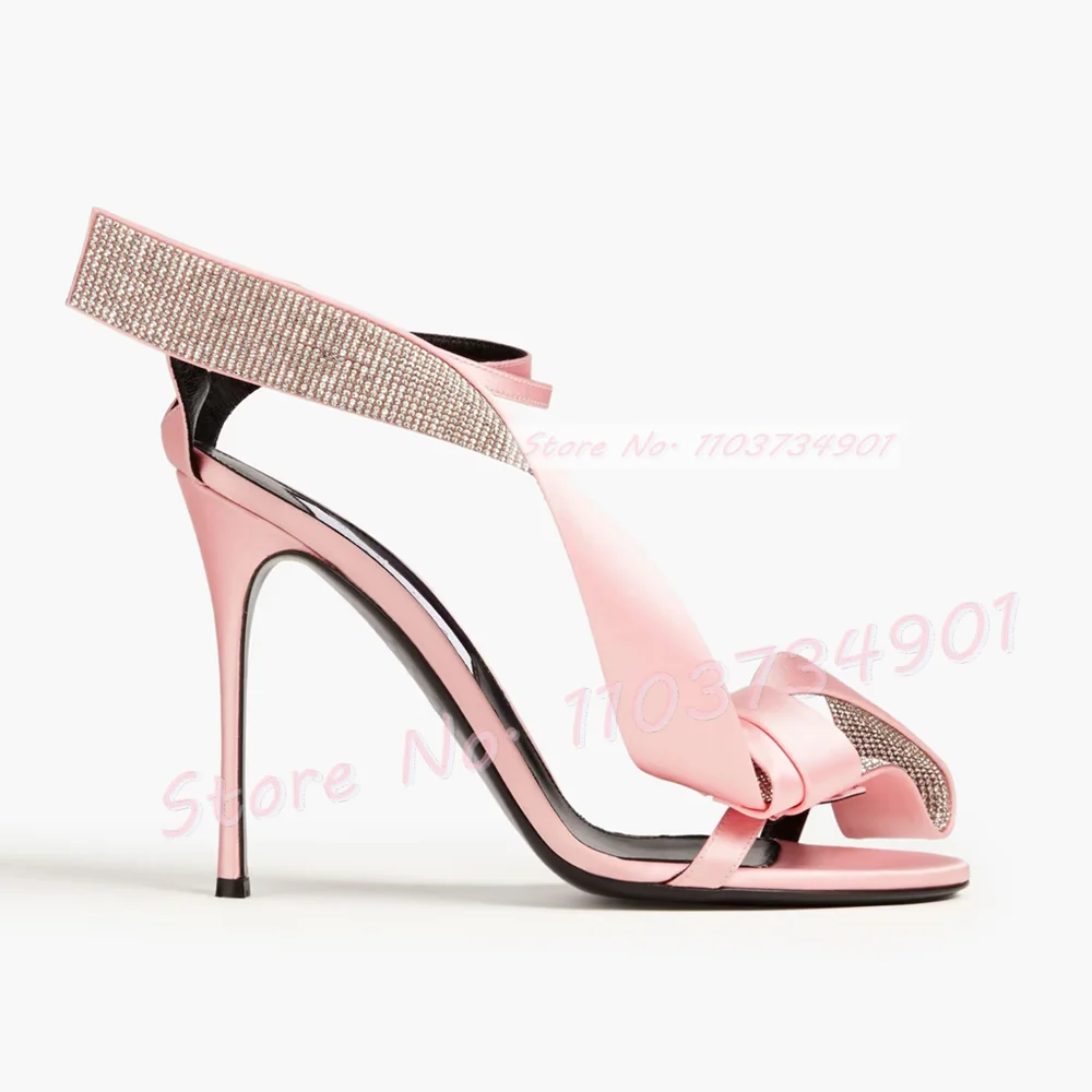 Pink Crystals Strap Satin Sandals Women Luxury Ribbon Ankle Strap Stiletto High Heels Shoes Lady Sexy Elegant Big Size Sandals