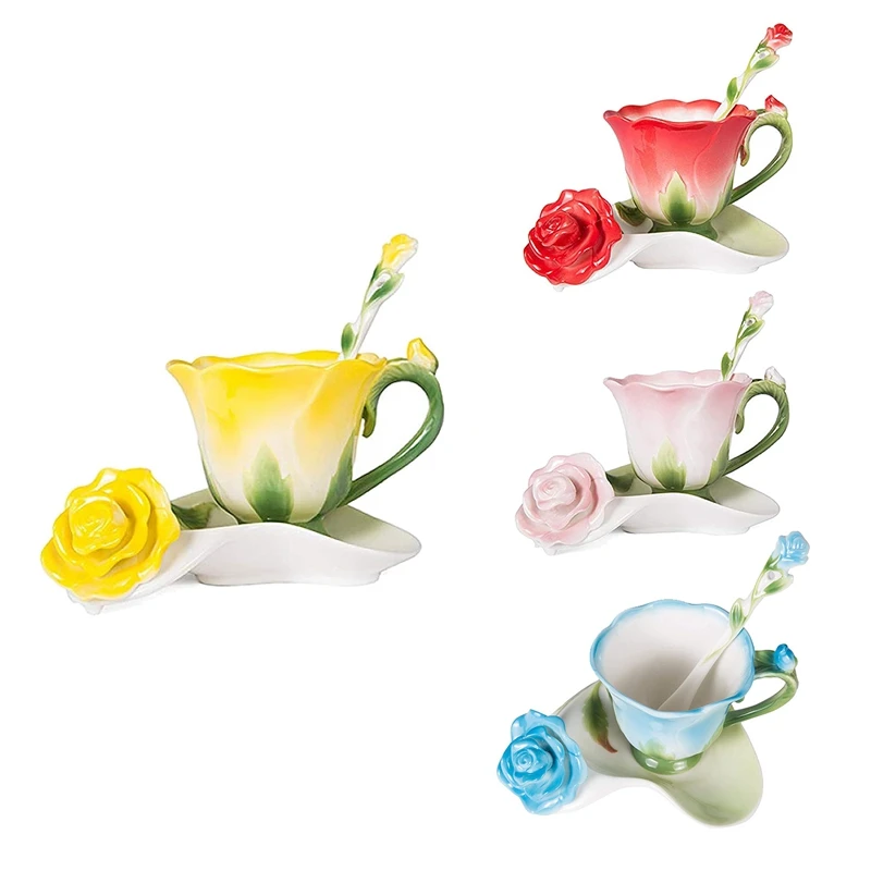 

3D Rose Shape Flower Enamel Ceramic Coffee Tea Cup And Saucer Spoon Porcelain Cup Creative Valentine Gift