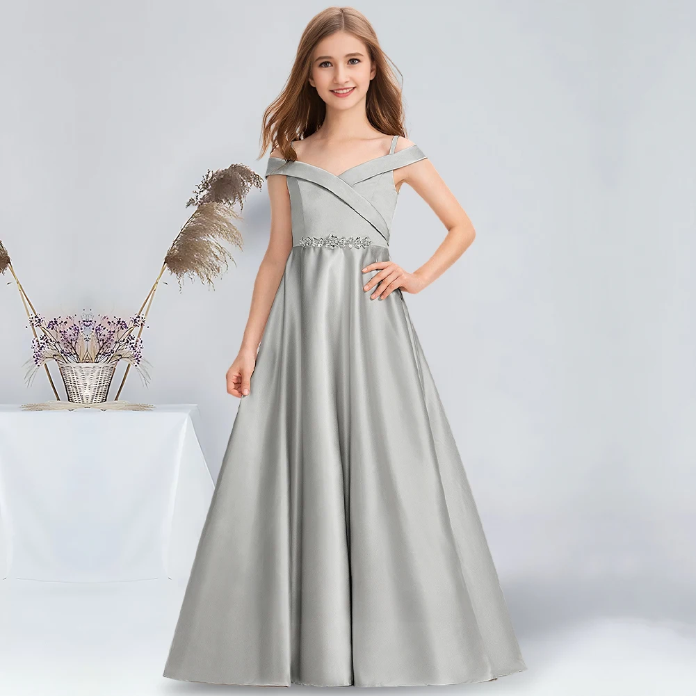 Ball-Gown/Princess Cold Shoulder Floor-Length Satin Junior Bridesmaid Dress Chic Silver Flower Girl Dress for Wedding Party Kids