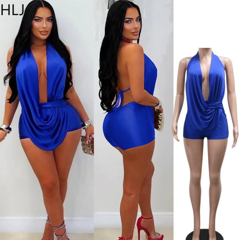 

HLJ 2026 Sexy Solid Color Bodycon Jumpsuit Women Deep V Neck Sleeveless Backless Ruched Patchwork Rompers Night Club Playsuit