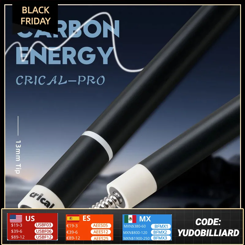 CRICAL CL-PRO Carbon Fiber Pool Cue Stick Black Technology Low Deflection 12.4mm Tip 3 * 8/8 Joint Pin Professional 1/2 Billiard