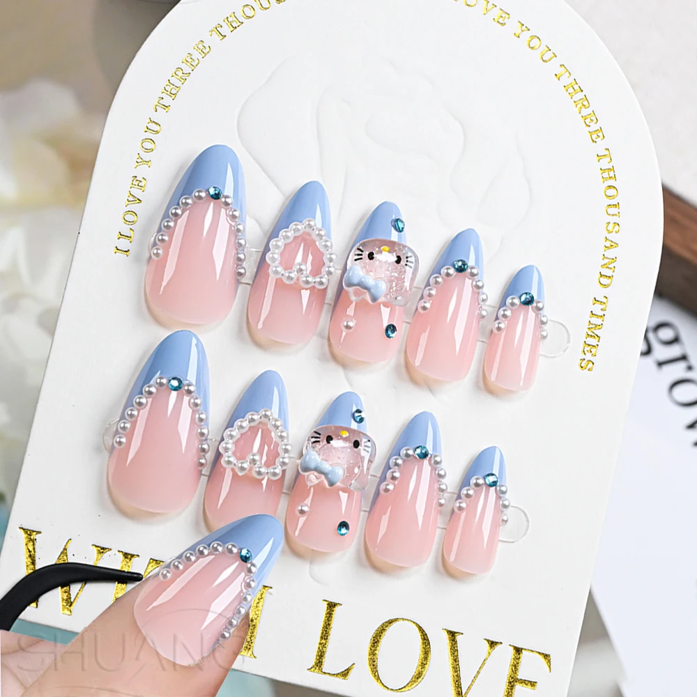 

24Pcs Cute Blue Hello Kitty press on nails 3D Pearl Heart Rhinestones Fake Nail tips Acrylic Almond Wearable False Nail Patches#