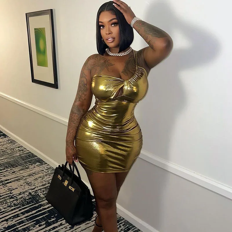 

Gold Silver Metallic One Shoulder Bodycon Dress for Women 2023 Ruched Sexy Bandage Mini Dress Night Club Short Party Dresses