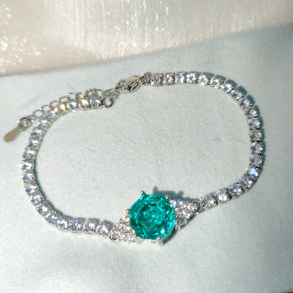 925 Sterling Silver Octagonal Millennium Rose Cut High Carbon Diamond Triangular Edge Paraiba Elegant Jewelry Bracelet