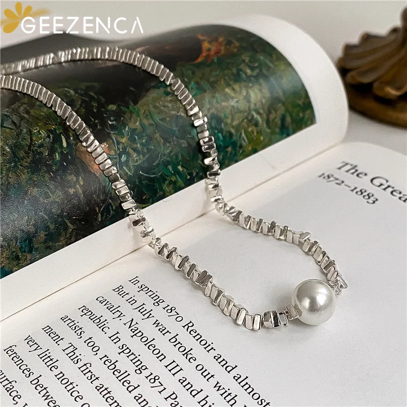 GEEZENCA S925 Sterling Silver Triangular Pieces Inlaid Pearl Choker Necklace Bracelets Kpop Trendy Geometric Jewelry Sets Gift