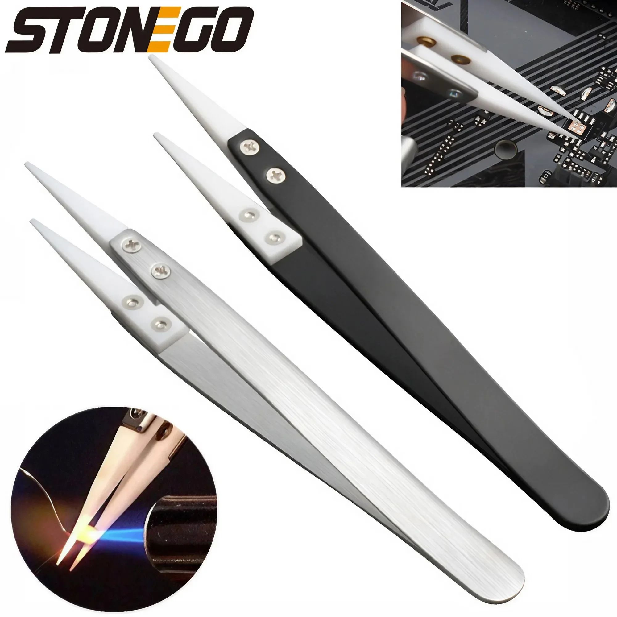 STONEGO Stainless Steel Ceramic Tweezers High Temperature Resistant Ceramic Head Accessories Acid and Alkali Corrosion Resistant