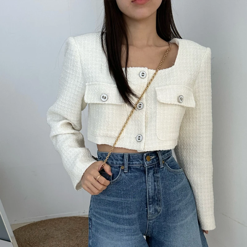 Korean Women Fashion Short Tweed Jacket Women 2024 Autumn Elegant Square Collar Female Single-Breasted Slim Outerwear