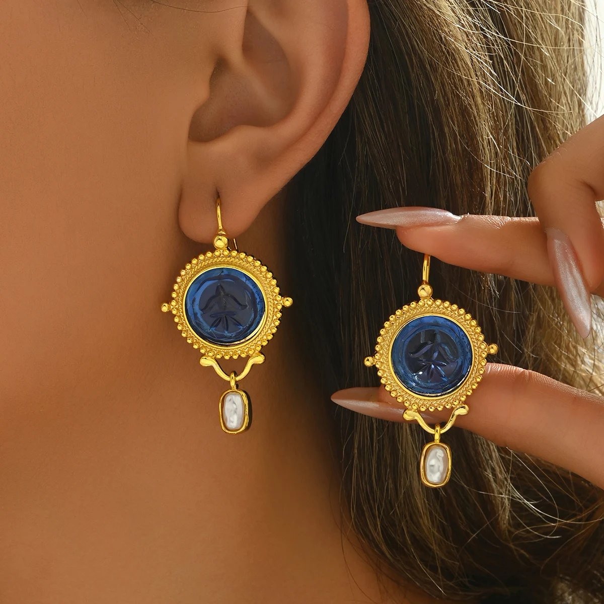 New Blue Color Geometric Type Inlay Imitation Pearls Earrings For Women Party Birthday Custom Jewelry