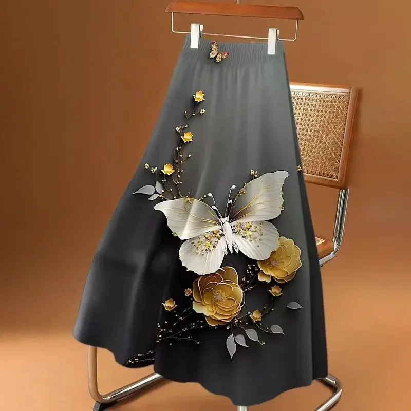 

2025 Spring New High Waist Knee Length Y2k Skirt Fashion Butterfly Print Thin Oversized Skirt for Women Retro Faldas Mujer Moda