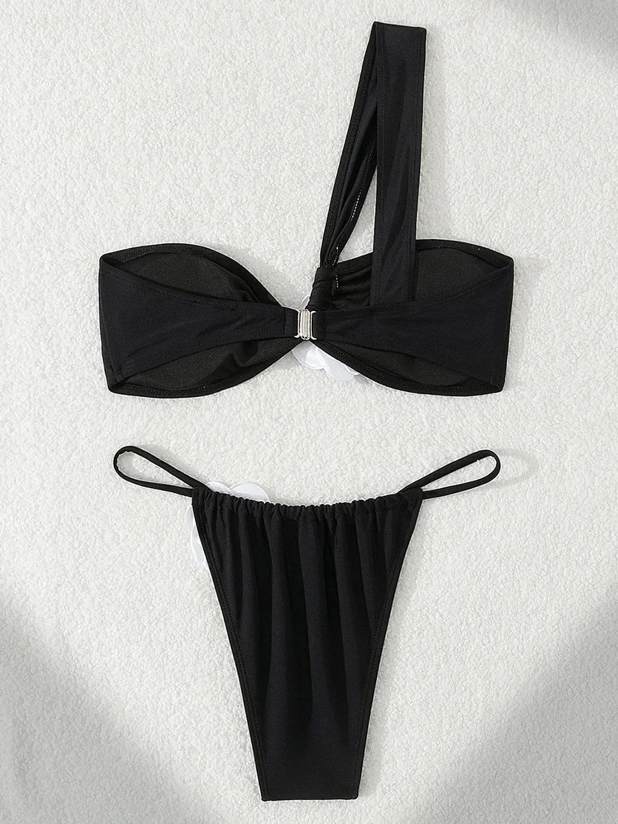 Bikini de un hombro con flores en 3D para mujer, traje de baño femenino de banda, conjunto de Bikini de dos piezas, traje de baño de corte alto, ropa de playa