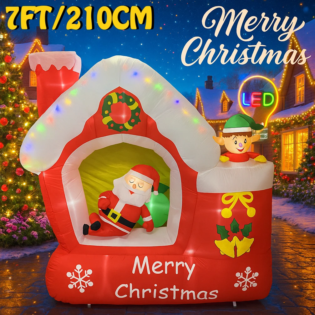 7피트 대형 크리스마스 풍선 산타클로스 장난감 하우스 엘프 LED 조명 포함 마당 잔디 장식 용품 가정 장식품 축제 선물