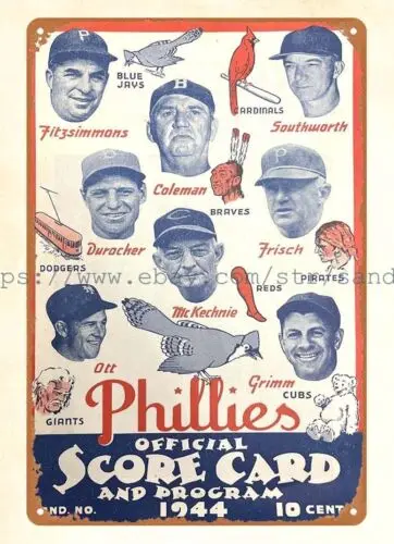 man cave garage ideas 1944 baseball Philadelphia Scorecard metal tin sign