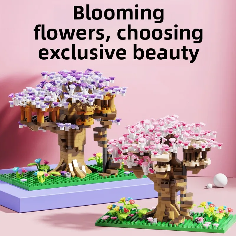 

Pink Cherry Tree House Building Micro-particle Building Block Classic Model Girl Boy Difficult Assembly Miniature Blocks Toy Kid