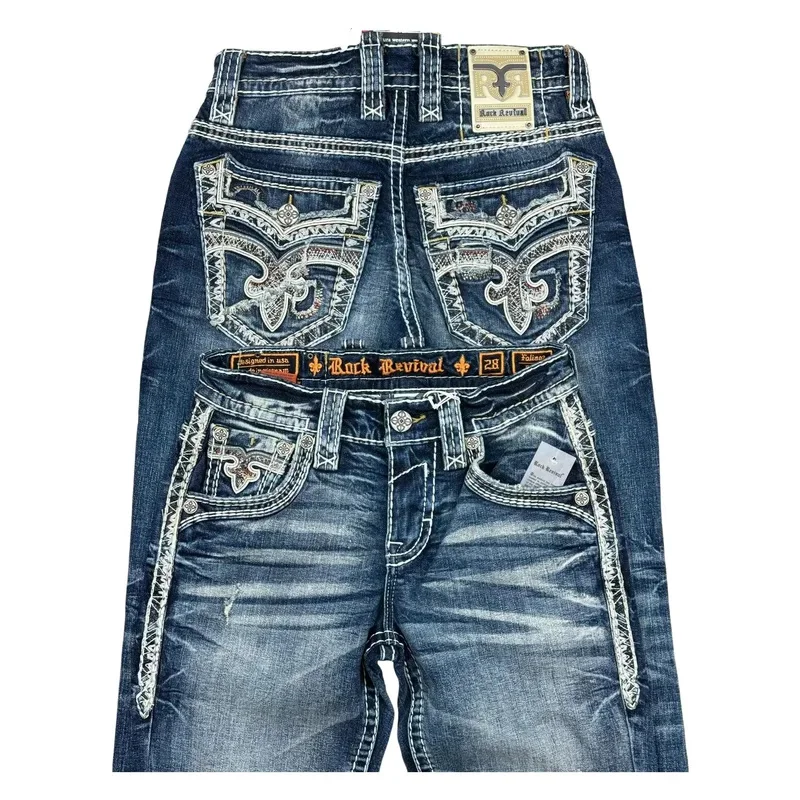 ❤❤2025 Y2K Revival Mens Jeans Foliage Bootcut Women Gothic Blue Denim Embroidery Pocket Hip Hop Harajuku Wide Pants S New ★☆