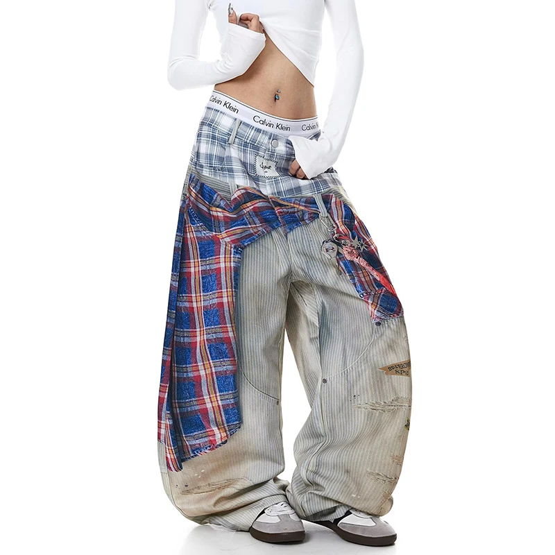 American Waed Plaid Print Denim Pants Women Summer Hip Hop Street Fake Two-Piece Wide Leg Casual Pants Casual Straight Leg