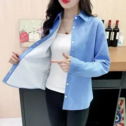 8XL Big Size Add Velvet Shirt Women's Shirt Jacket 2026 New Spring Autumn Thin Shirt Coat Keep Warm Blue White Black Female Top