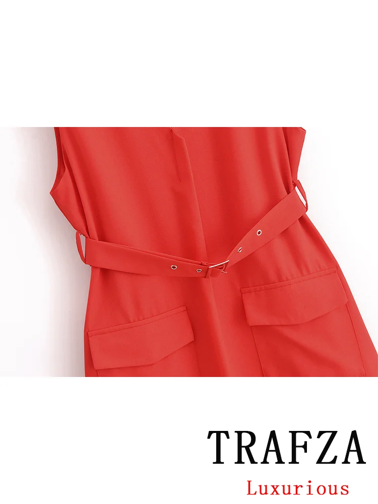 TRAFZA Vintage Casual Chic Red Women Dress Solid Sleeveless VNeck Sashes Pockets Mini Dress New Fashion 2024 Autumn Female Dress