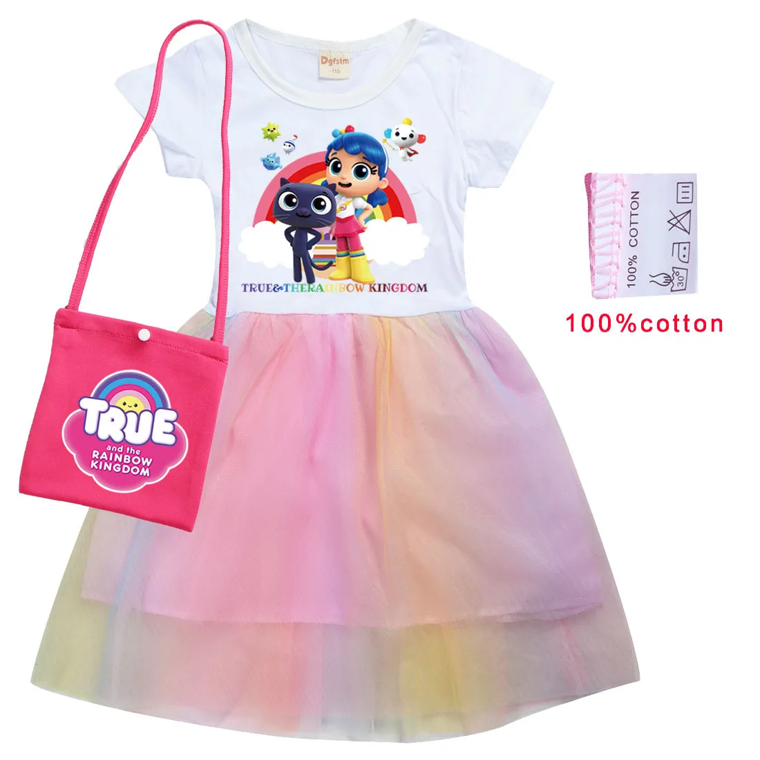 Cute True Rainbow Kingdom T Shirt Rainbow Gauze Mesh Dress+bag Kids Casual Clothes Baby Girls Princess Dresses Children Vestidos