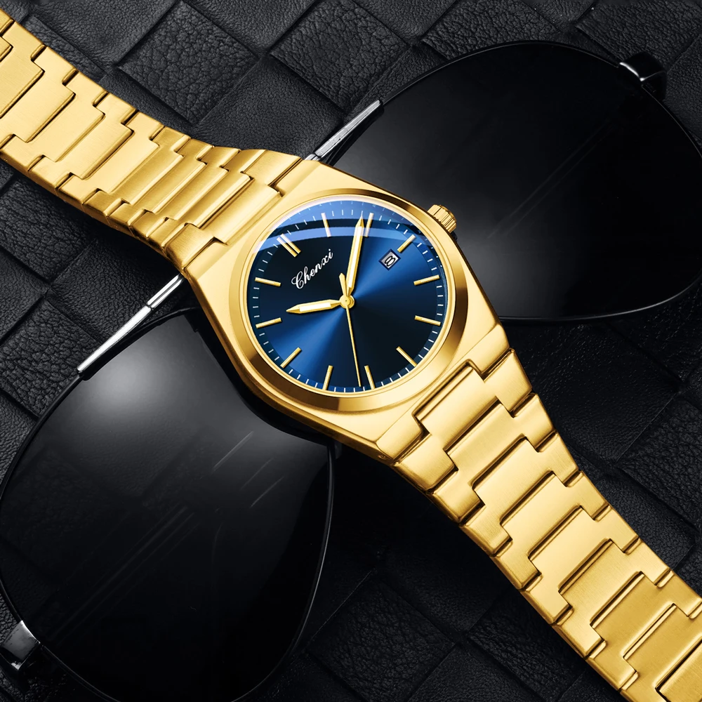 CHENXI новые роскошные золотые мужские часы высокого качества из нержавеющей стали кварцевые наручные часы светящиеся водонепроницаемые часы с датой для мужчин