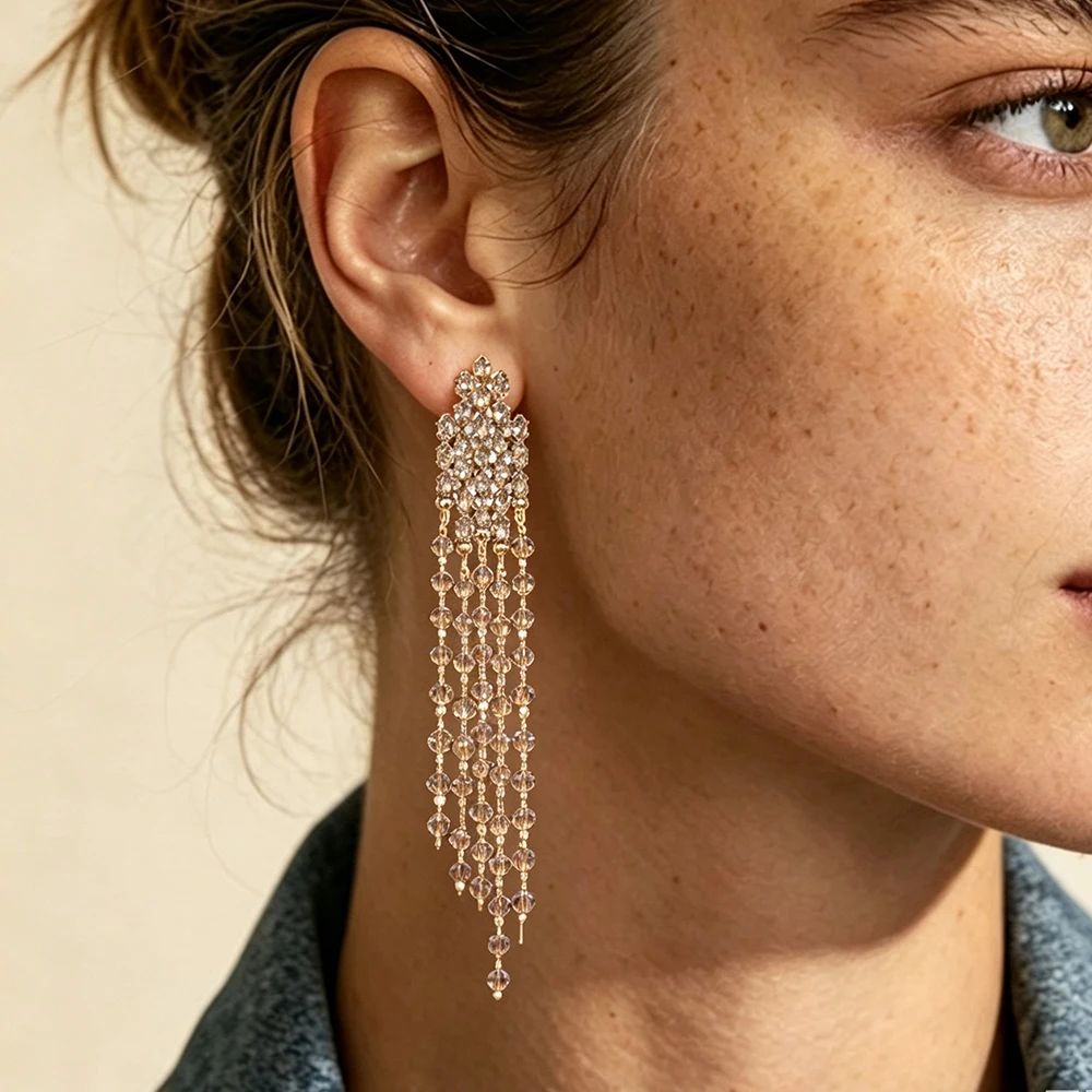 Luxuriöse Kristall-Strass-Perlen-Ohrringe mit langen Quasten für Damen, modischer Brautschmuck für Hochzeiten, Abendpartys und besondere Anlässe – Detail 2