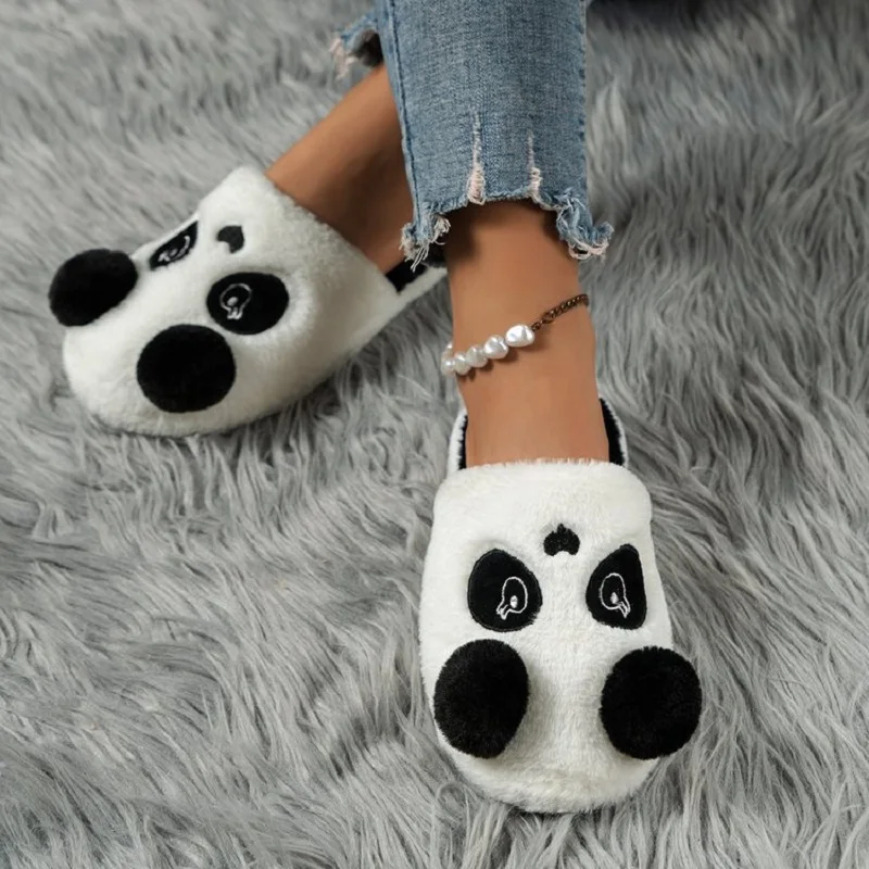 

2024 New Winter Animal Warm House Slippers Women's Panda Mules Non Slip Fleece Plush Home on Shoes Indoor Woman Home Flats Shoes