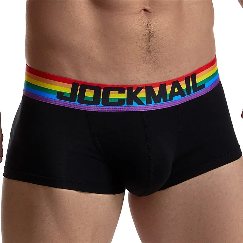 JOCKMAIL Sexy Men\'s Underwear Rainbow Elastic Band Boxer Briefs LGBT Club Male Gay Shorts Low Waist Cotton Swimming Trunks