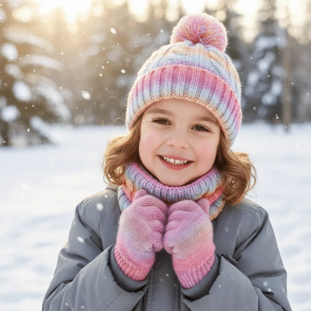 

Gradient Color Baby Hat Scarf Gloves Set Warm Ears Cute Pompom Toddler Knitted Hat with Velvet Thickened Hat Set Autumn Winter