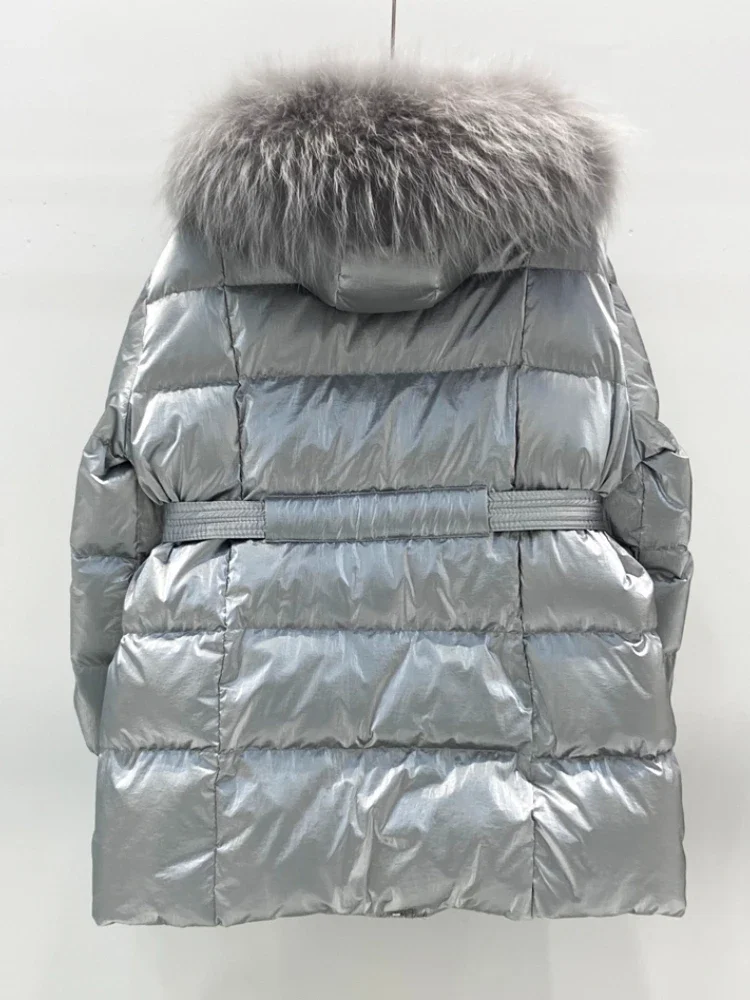 Fashion Bright Silver Down Jacket Women Winter Coat 2024 New Hooded Fur Collar Warm 90% White Duck Down Jackets Female