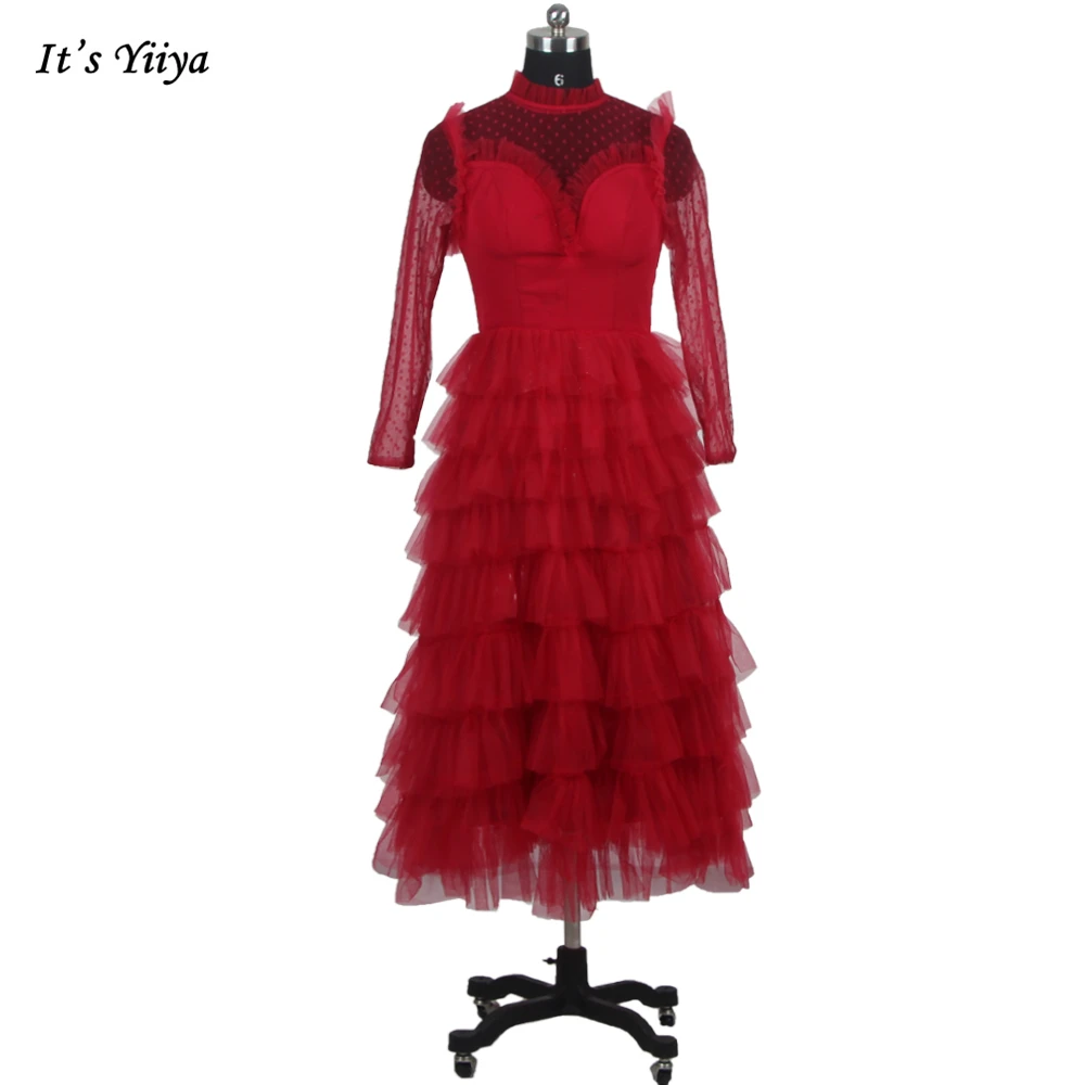 

It's Yiiya Evening Dresses Burgundy illusion High Collar Full Sleeves Tiered A-line Tea-length Plus size Women Party Dress R363