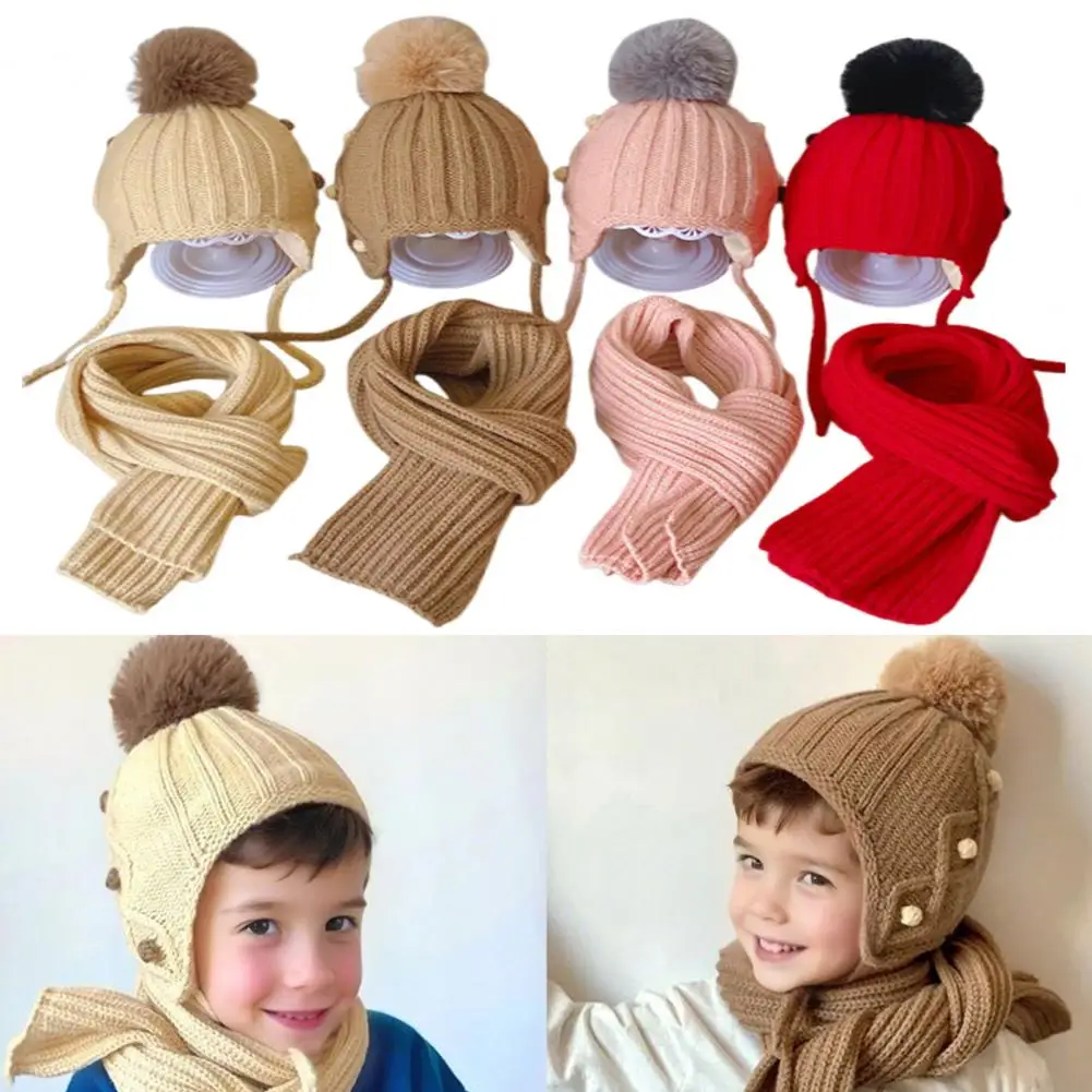 مرونة بلون الاطفال قبعة وشاح الاطفال الطقس البارد أساسيات الاطفال الشتاء قبعة وشاح مجموعة مع كابل بوم بوم للبنين للخريف