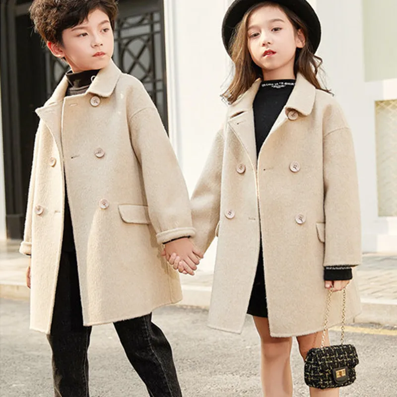 Girls Wool Coat Jacket Outerwear 2022 Beige Warm Thicken Plus Velvet Winter Autumn Cotton School Teenagers Children\'s Clothing